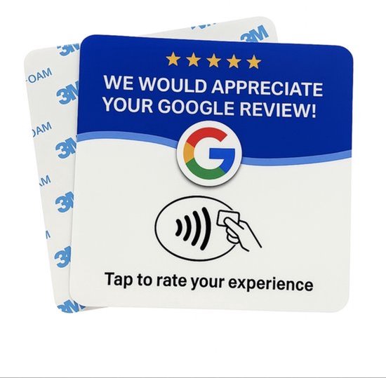 NFC Google Review Kaart – Zelfklevend – 12 × 12 cm – Blauw/Wit