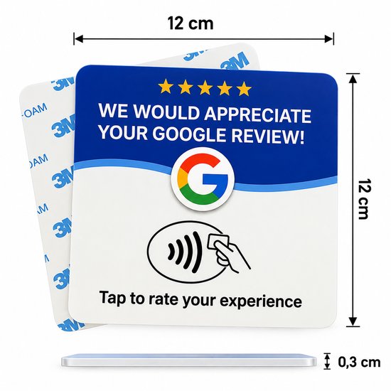 NFC Google Review Kaart – Zelfklevend – 12 × 12 cm – Blauw/Wit