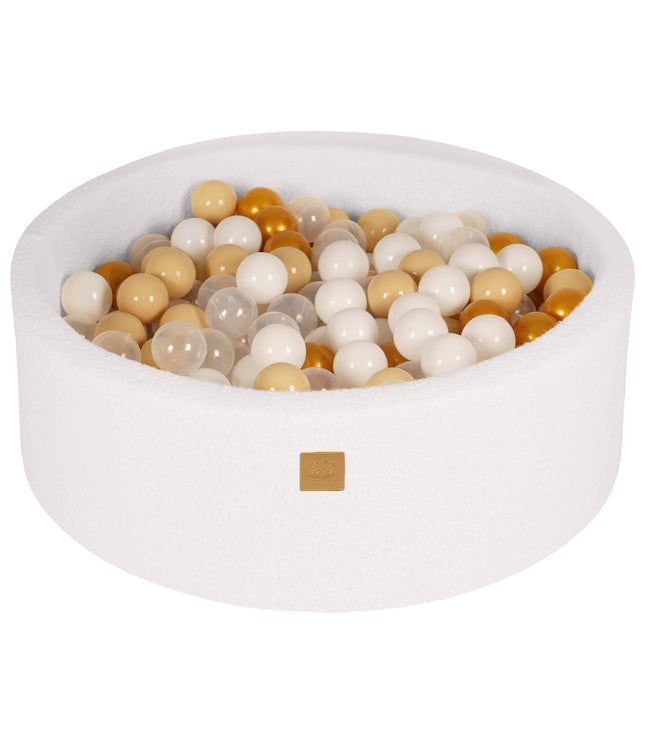 Round Ball Pit with 200 Gold/Beige/White/Transparent balls, 90x30cm - White Boucle