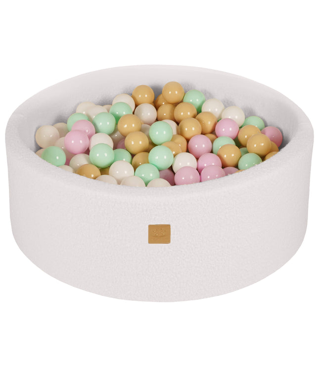 Round Ball Pit with 200 Pastel pink/Mint/White/Beige balls, 90x30cm - White Boucle