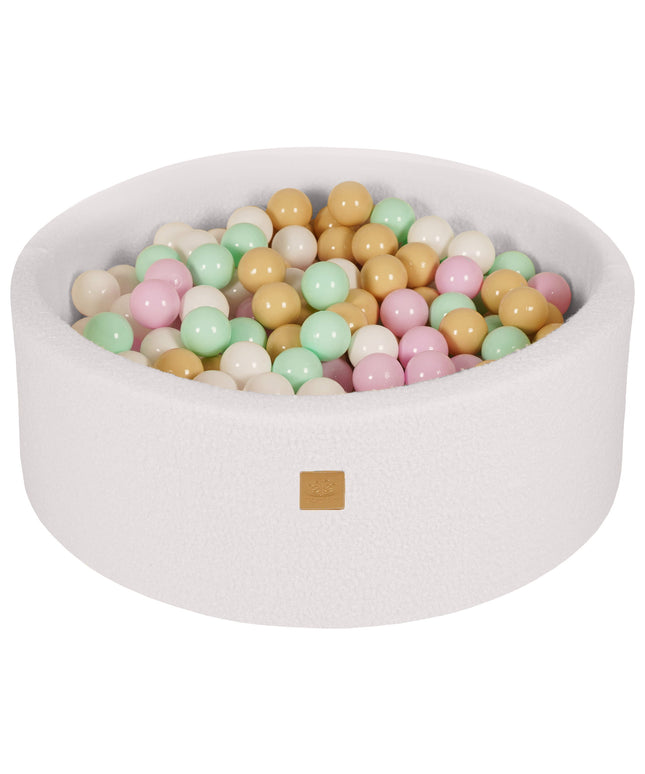 Round Ball Pit with 200 Pastel pink/Mint/White/Beige balls, 90x30cm - White Boucle