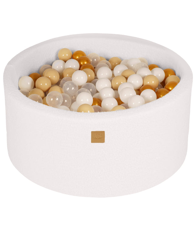 Round Ball Pit with 300 Gold/Beige/White/Transparent balls, 90x40cm - White Boucle