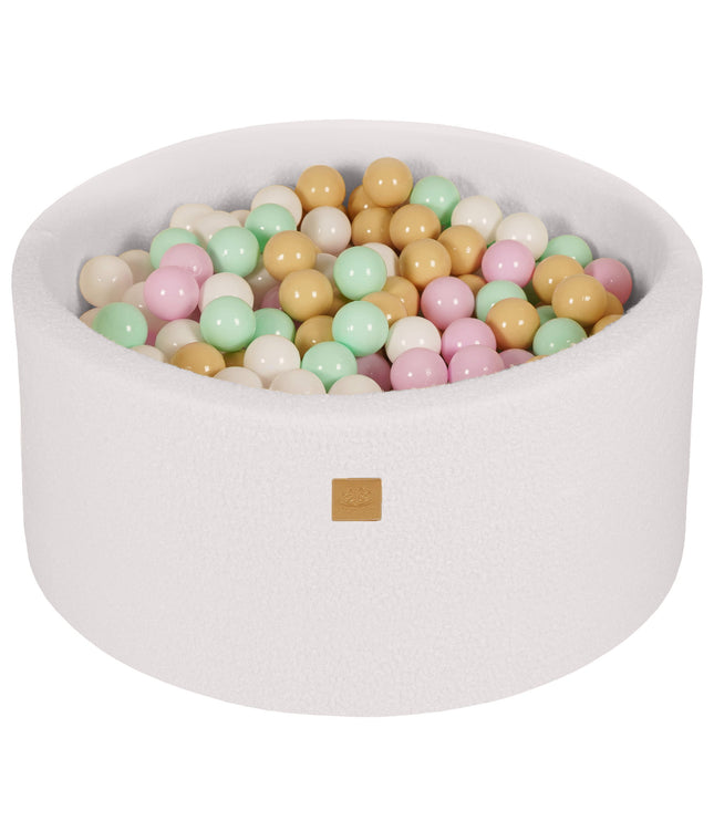 Round Ball Pit with 300 Pastel pink/Mint/White/Beige balls, 90x40cm - White Boucle