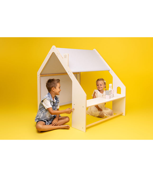 MeowBaby® Natural Wooden House for Kids - Blue Roof
