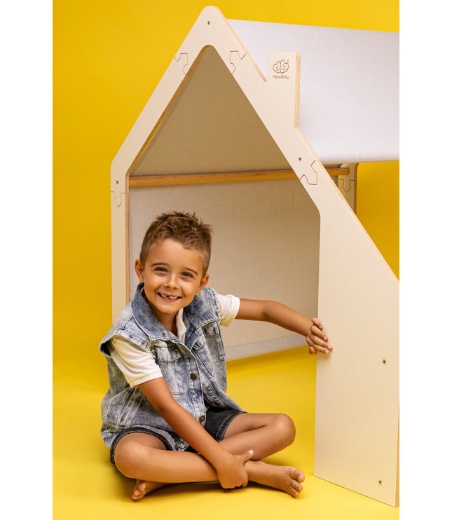 MeowBaby® White Wooden House for Kids - Blue Roof