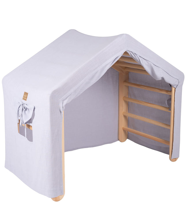Large Natural Wood Ladder House With a Blue-Grey Cover