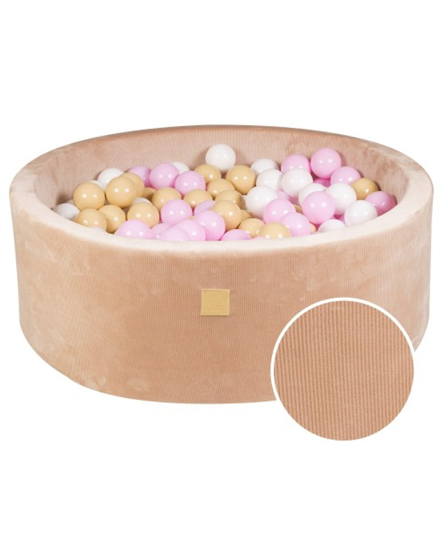 Round Ball Pit With 200 Pink/Sand/White Balls, 90x30cm - Sand Velvet